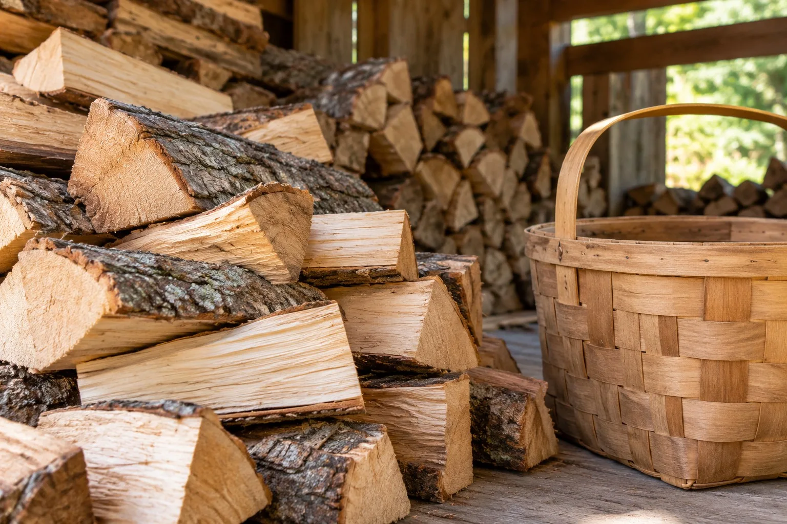 Gespaltene Holzscheite mit sichtbarer Rinde und Maserung neben einem schlichten Holzkorb.
